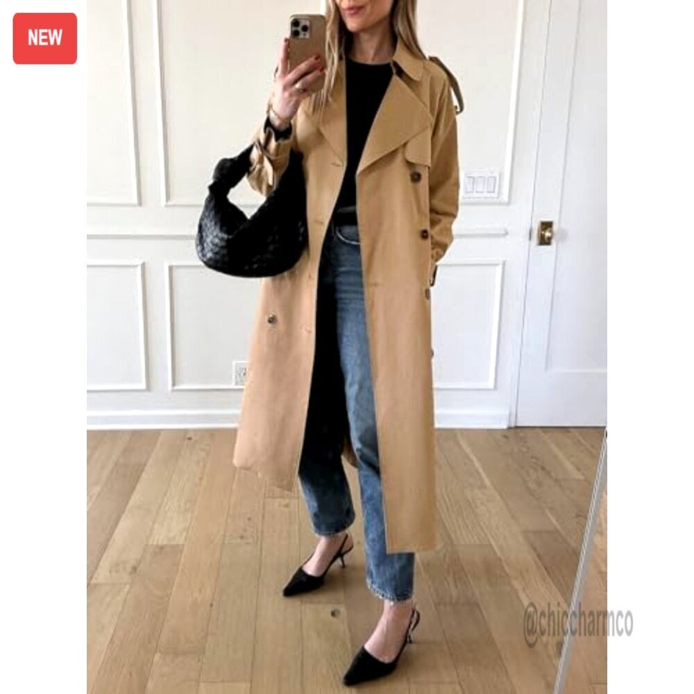 Long Trench Coat Double Breasted Classic Lapel Overcoat with Belt - Picture 3 of 7